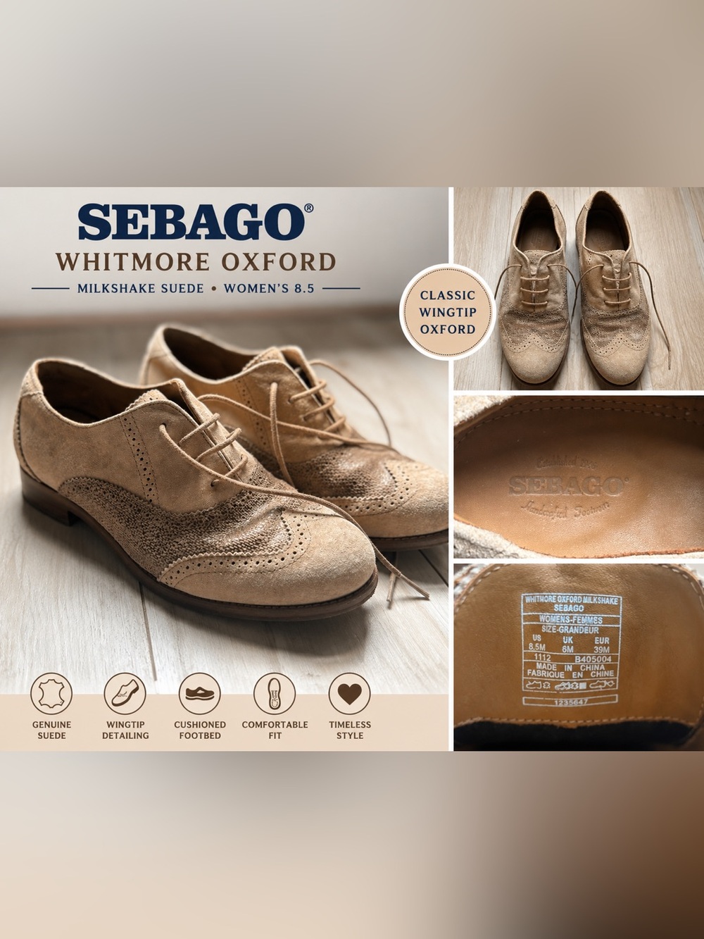 Sebago Whitmore Oxford Milkshake Suede Wingtip Shoes Women’s 8.5 Beige Lace Up